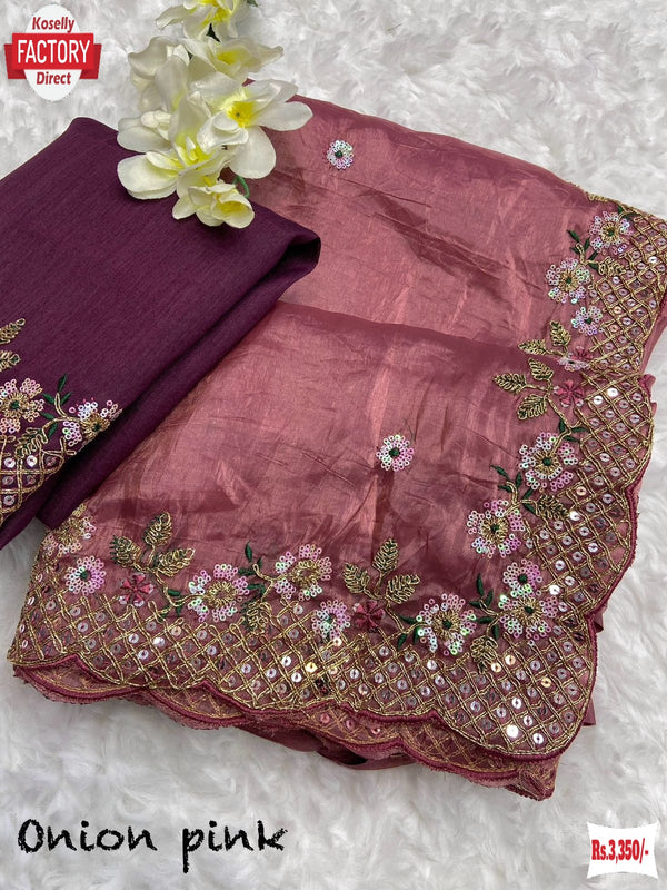 Onion Pink Crush Silk Partywear Embroidered Saree