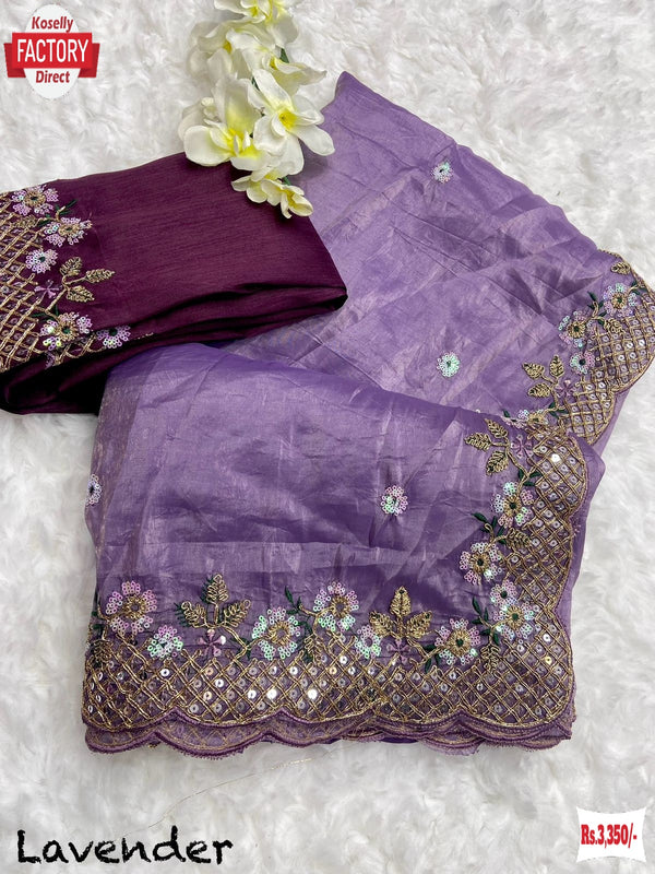 Lavender Crush Silk Partywear Embroidered Saree