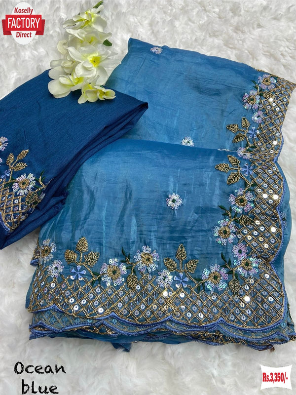 Ocean Blue Crush Silk Partywear Embroidered Saree