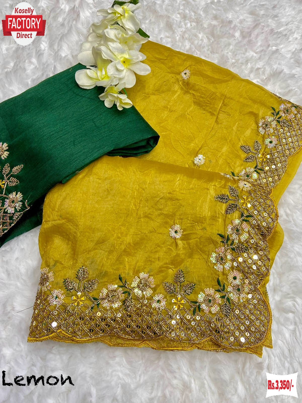 Lemon Yellow Crush Silk Partywear Embroidered Saree