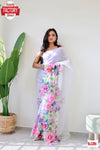 White Pure Tabby Silk Partywear Floral Embroidered Saree