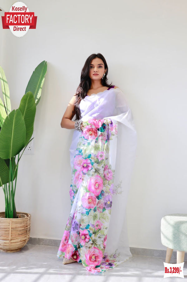 White Pure Tabby Silk Partywear Floral Embroidered Saree