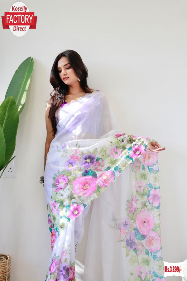 White Pure Tabby Silk Partywear Floral Embroidered Saree