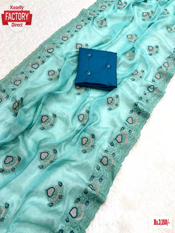 Sea Blue Shimmer Chiffon Embroidered Partywear Saree