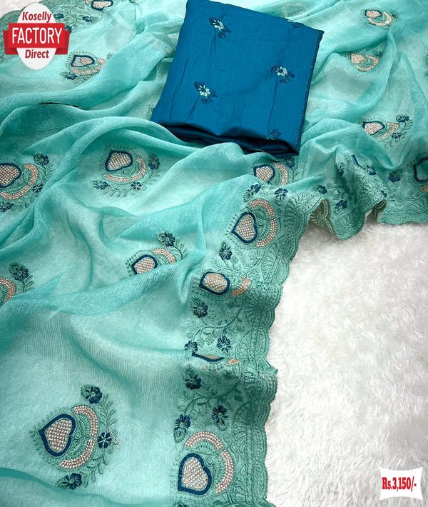 Sea Blue Shimmer Chiffon Embroidered Partywear Saree