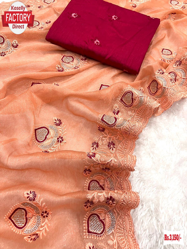 Peach Shimmer Chiffon Embroidered Partywear Saree