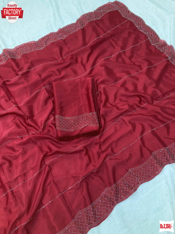 Maroon Pure Chinnon Silk Partywear Saree With Stone Work