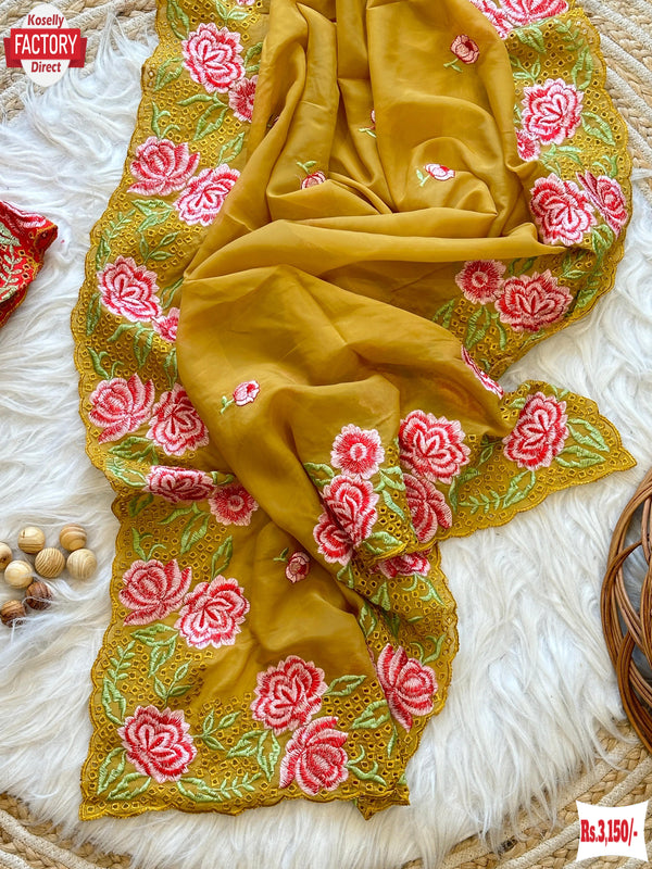 Mustard Yellow Pure Organza Partywear Embroidered Saree