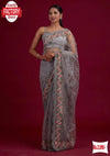 Ash Organza Silk Sequins Embroidered Partywear Saree