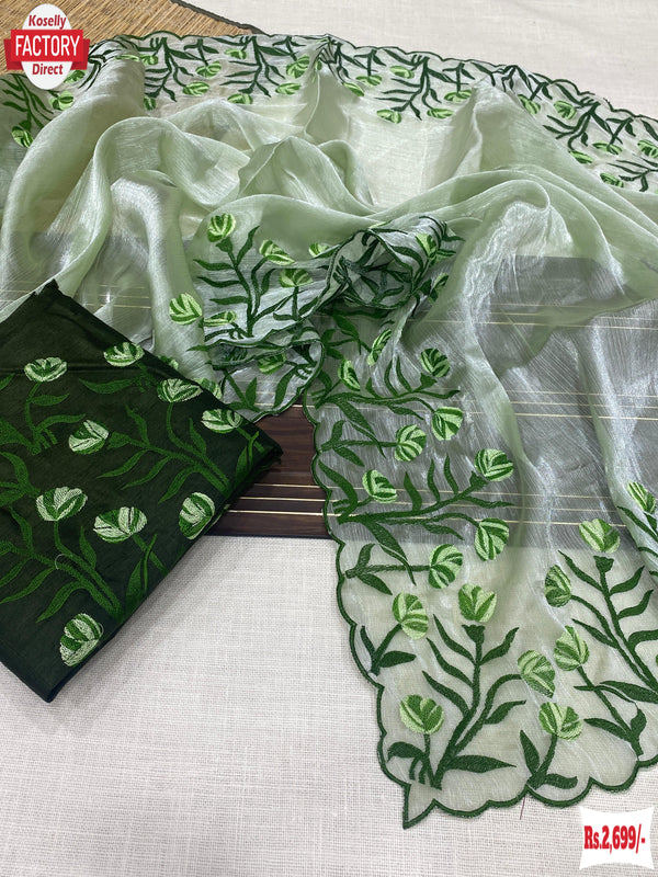 Tea Green Chinnon Silk Thread And Zari Embroidered Partywear Saree