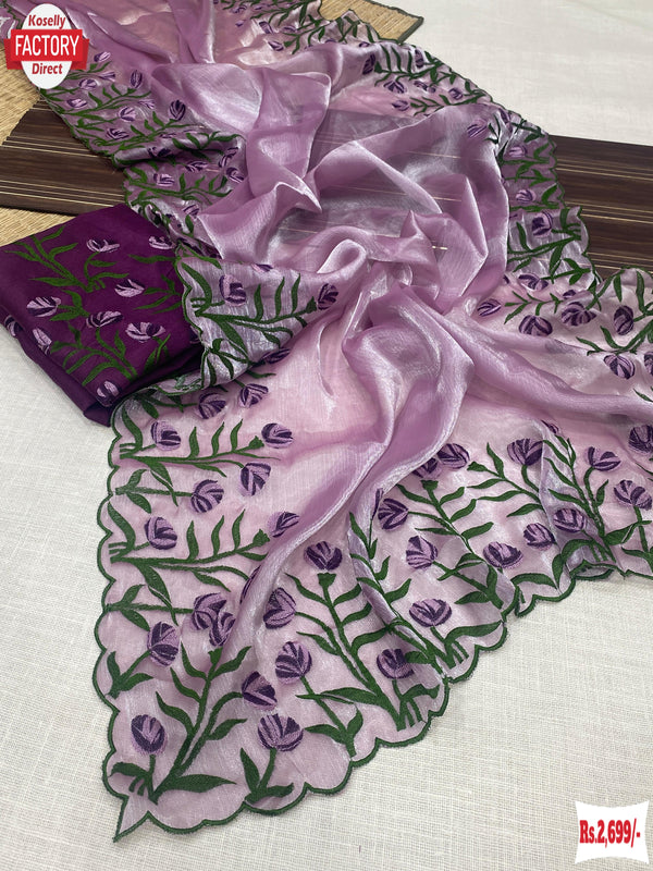 Lavender Chinnon Silk Thread And Zari Embroidered Partywear Saree