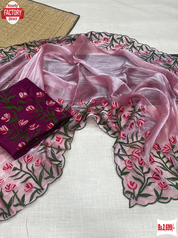 Pink Chinnon Silk Thread And Zari Embroidered Partywear Saree