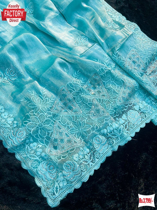 Sky Blue Jimmy Choo Silk Embroidered Partywear Saree