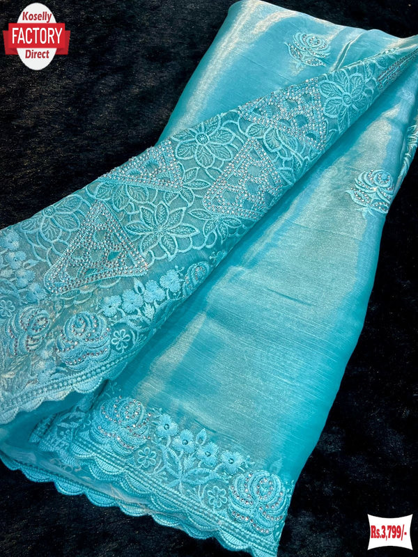 Sky Blue Jimmy Choo Silk Embroidered Partywear Saree