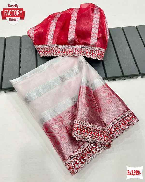 White Soft Organza Sequins Coding Work Partywear Saree