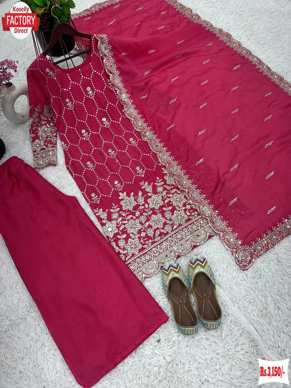 Magenta Chinnon Silk Partywear Kurtha Sharara Dupatta Set