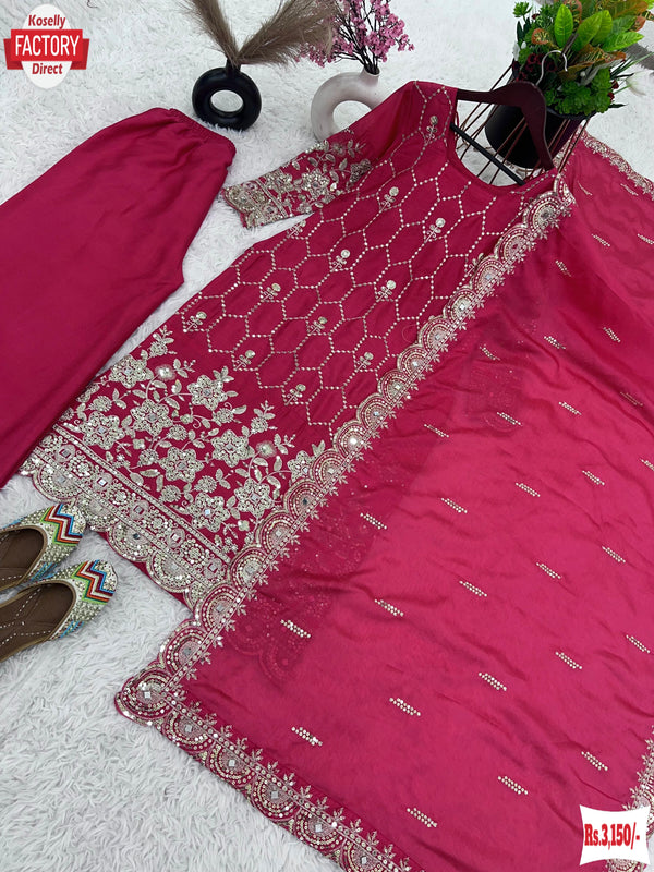 Magenta Chinnon Silk Partywear Kurtha Sharara Dupatta Set