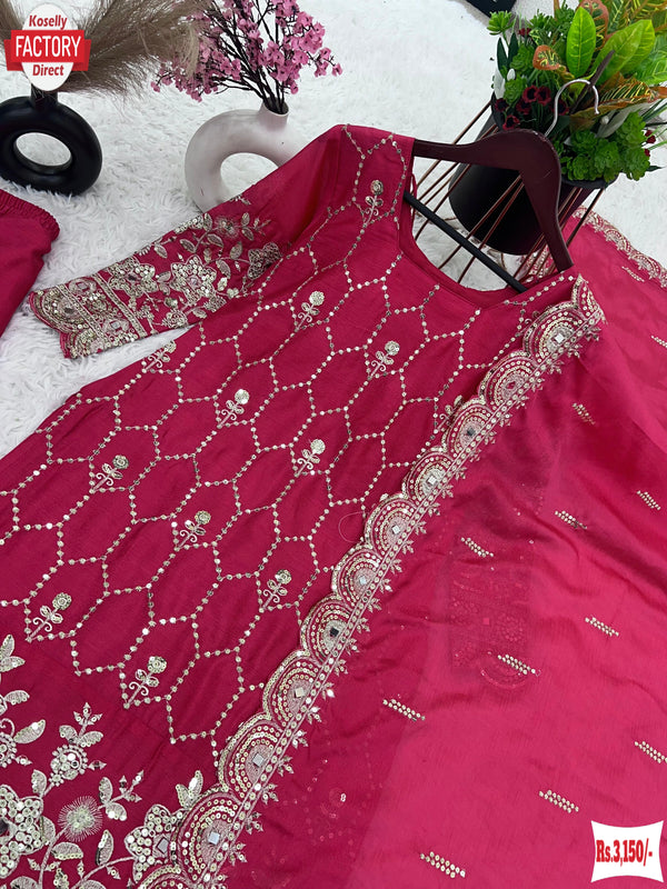 Magenta Chinnon Silk Partywear Kurtha Sharara Dupatta Set