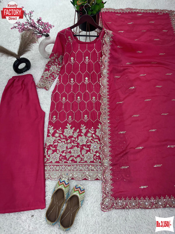 Magenta Chinnon Silk Partywear Kurtha Sharara Dupatta Set