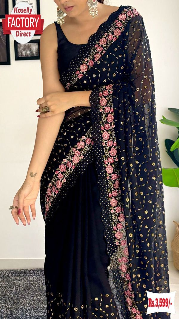 Black Soft Georgette Sequins And Multi Embroidery Partywear Saree