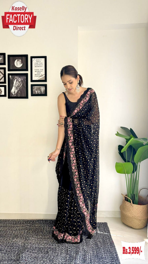 Black Soft Georgette Sequins And Multi Embroidery Partywear Saree