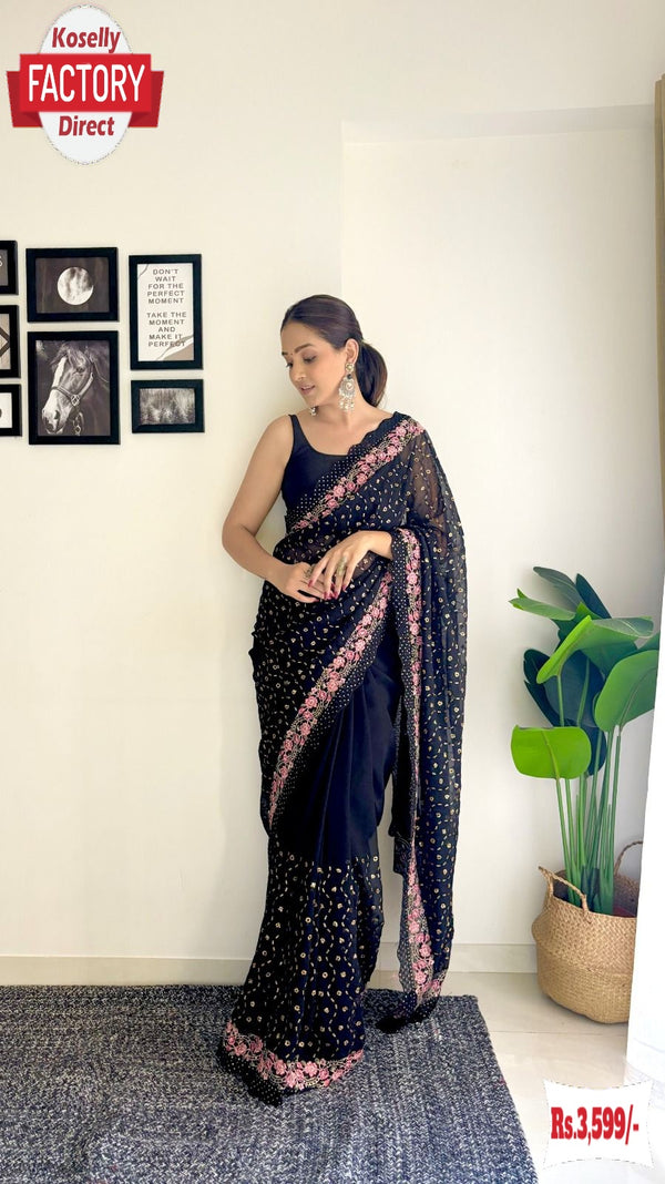 Black Soft Georgette Sequins And Multi Embroidery Partywear Saree