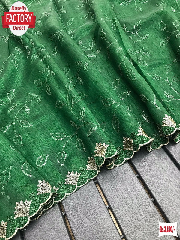 Dark Green Pure Ruhi Silk Water Sequins Partywear Saree