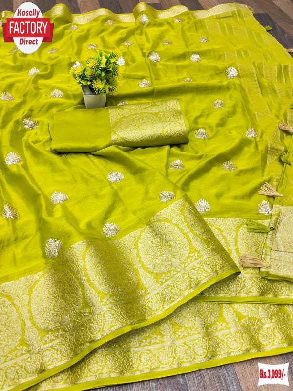 Light Green Pure Chinnon Crepe Silk Sequins Work Partywear Saree