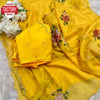 Yellow Satin Organza Digital Printed Handwork Saree