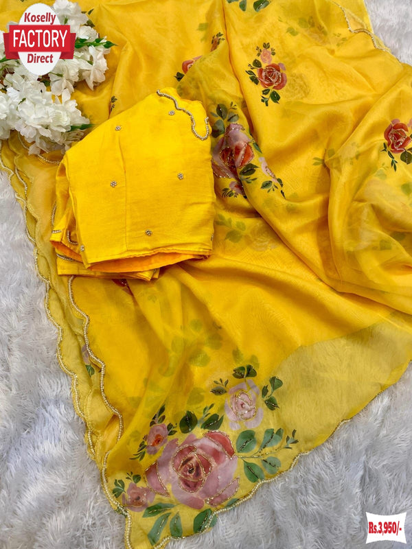 Yellow Satin Organza Digital Printed Handwork Saree