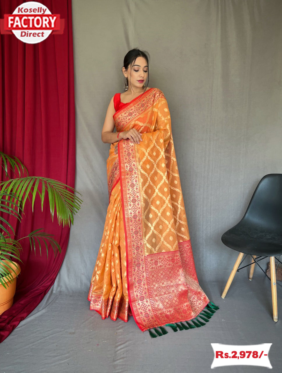 Orange Handloom Woven Georgette Silk Banarasi Saree - The Roasted Fabric -  4092755