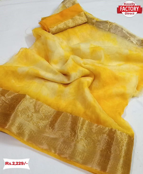 Yellow Shibori Dyed Pure Organza Banarasi Border Saree