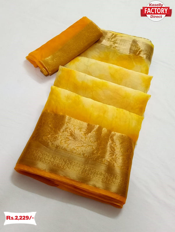 Yellow Shibori Dyed Pure Organza Banarasi Border Saree