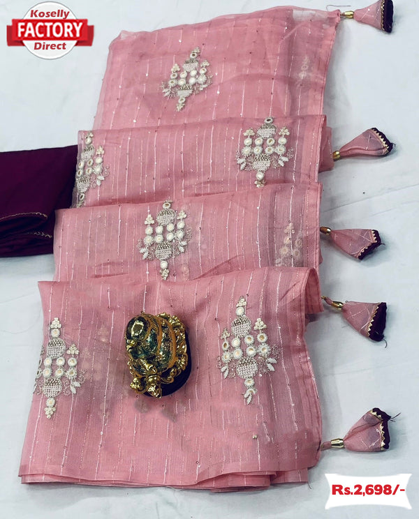 Pink Organza Partywear Embroidered Saree