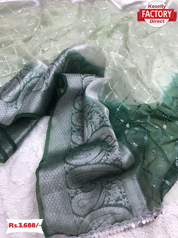 Light Green Organza Silver Weaving Border Partywear Saree