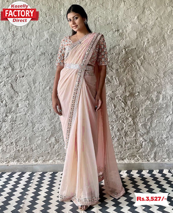 Peach Georgette Embroidered Partywear Saree