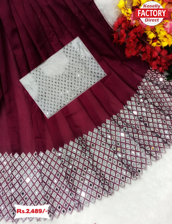 Wine Mirror Work Partywear Saree