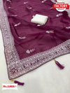 Wine Organza Embroidered Partywear Saree