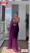 Wine Soft Net Partywear Embroidered Saree