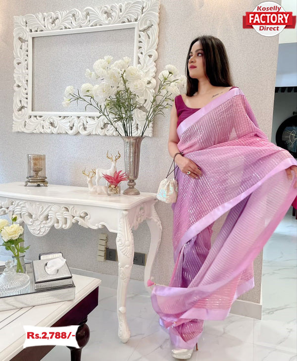 Pink and Purple Sequins Partywear Saree With Readymade Blouse