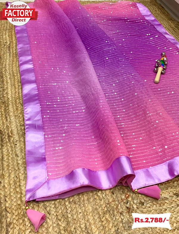 Pink and Purple Sequins Partywear Saree With Readymade Blouse