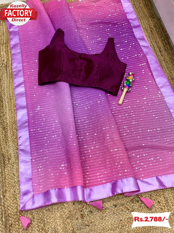 Pink and Purple Sequins Partywear Saree With Readymade Blouse