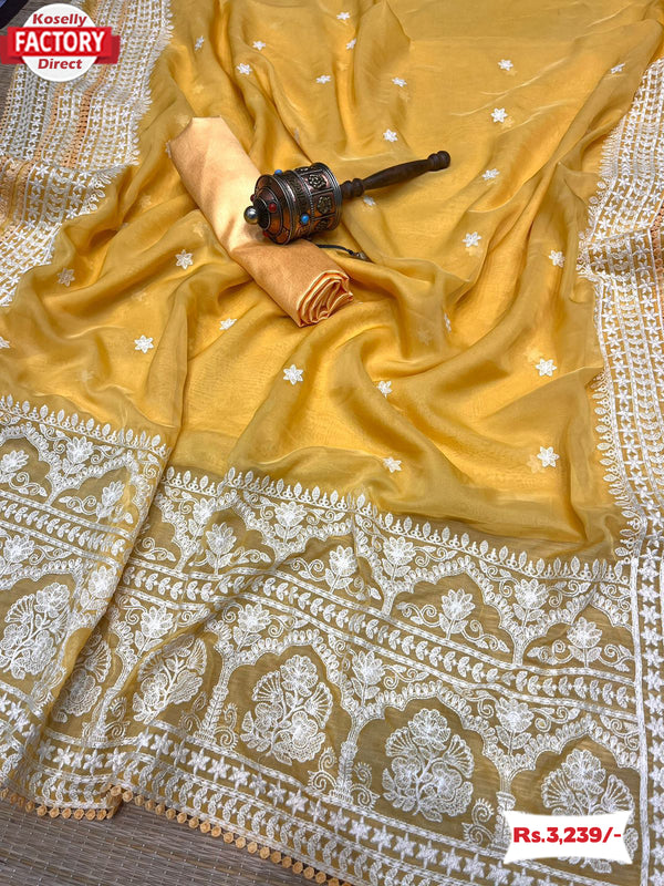 Yellow Satin Organza Embroidered Saree