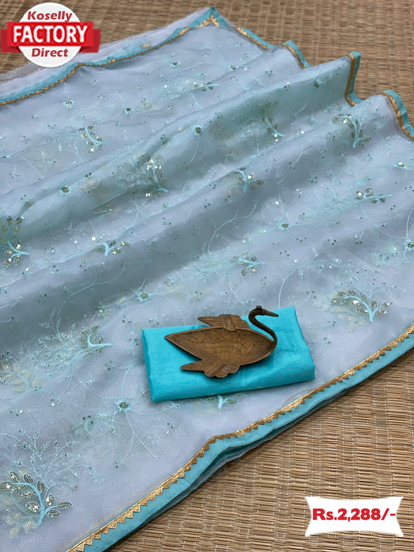 Light Blue Organza Embroidered Partywear Saree