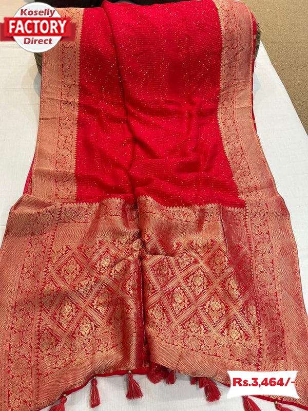 Red Pure Dola Silk Partywear Saree