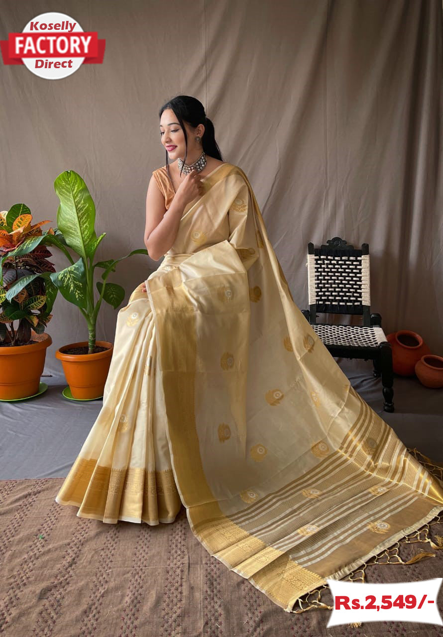 Golden Pure Silk Woven Saree With Blouse Latest 2603SR24