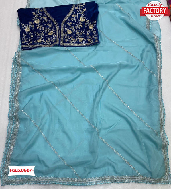 Sky Blue Sequins And Zari Worked Partywear Saree