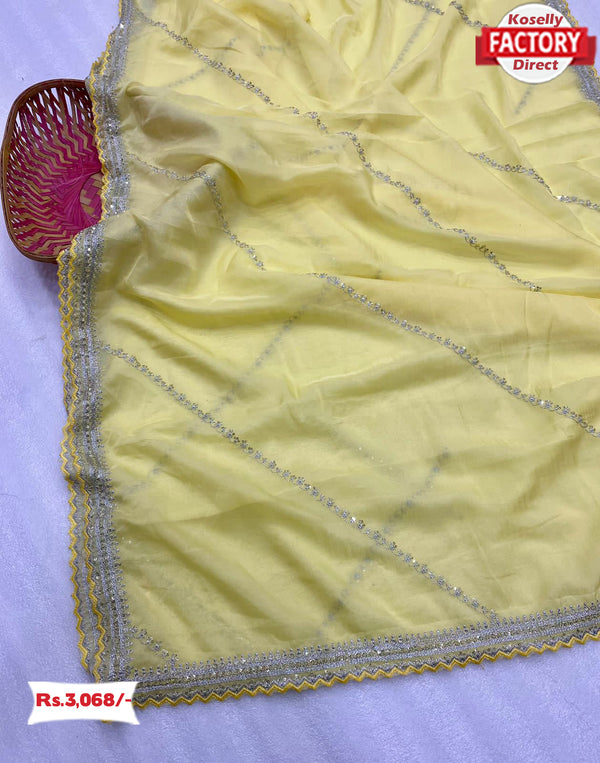 Light Yellow Sequins And Zari Worked Partywear Saree