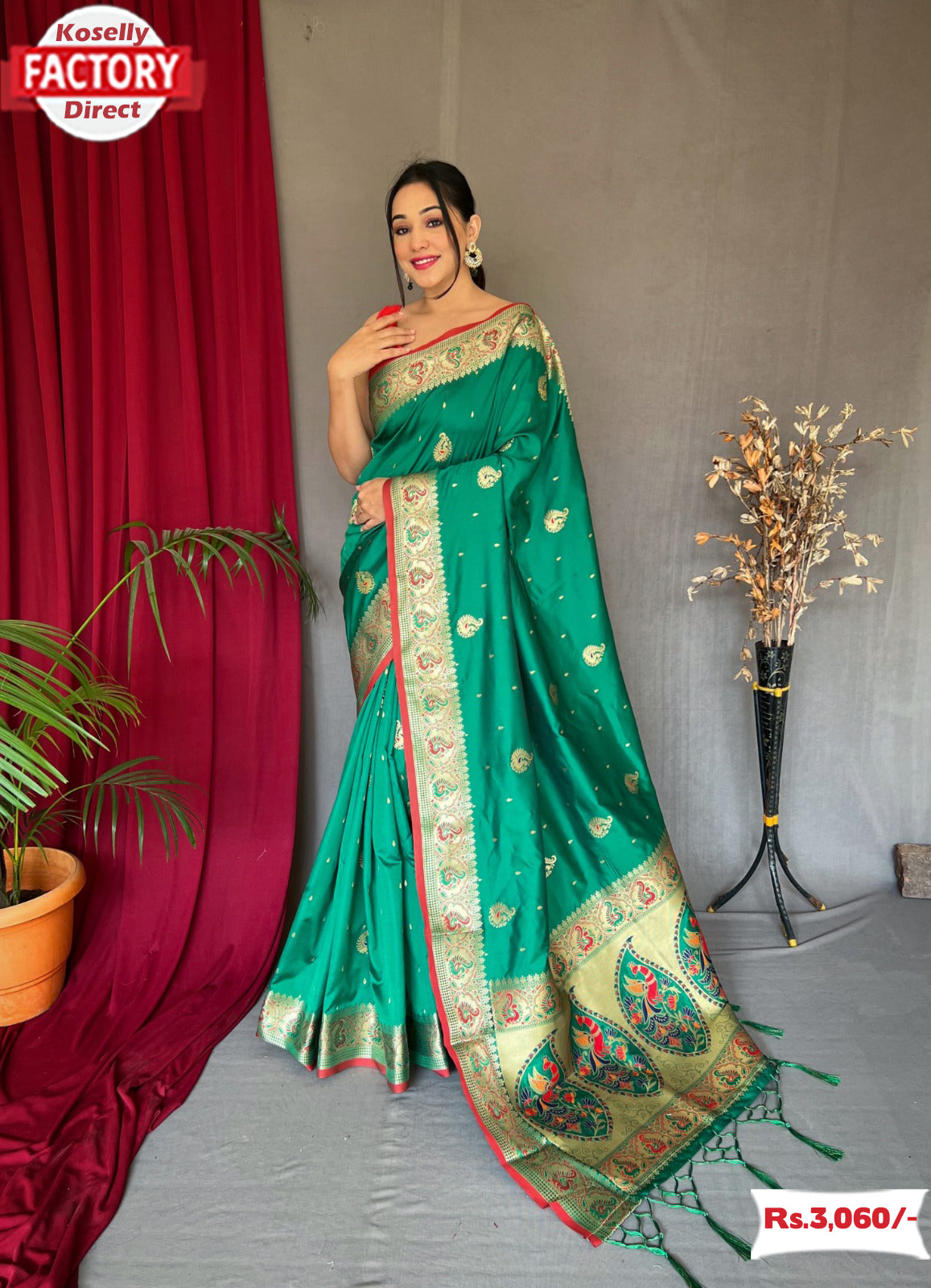 Lime Green Woven Paithani Silk Saree