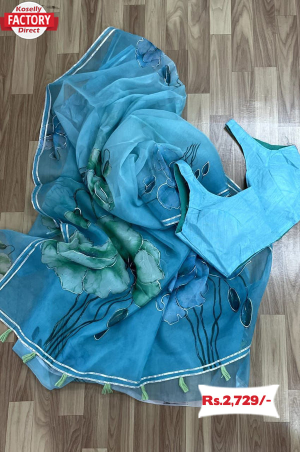 Sky Blue Designer Organza Handbrush Saree